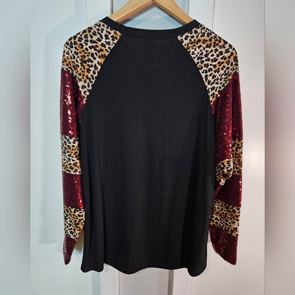 Black Leopard & Sequin Sleeve Raglan Top - Picture 5 of 6